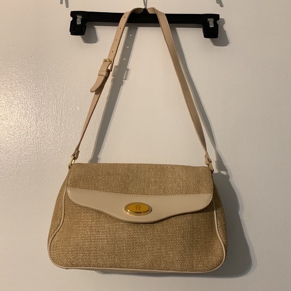 Etienne Aigner - Vintage - Tan and Beige- Jute Brass and Leather Shoulder Bag - Picture 8 of 12